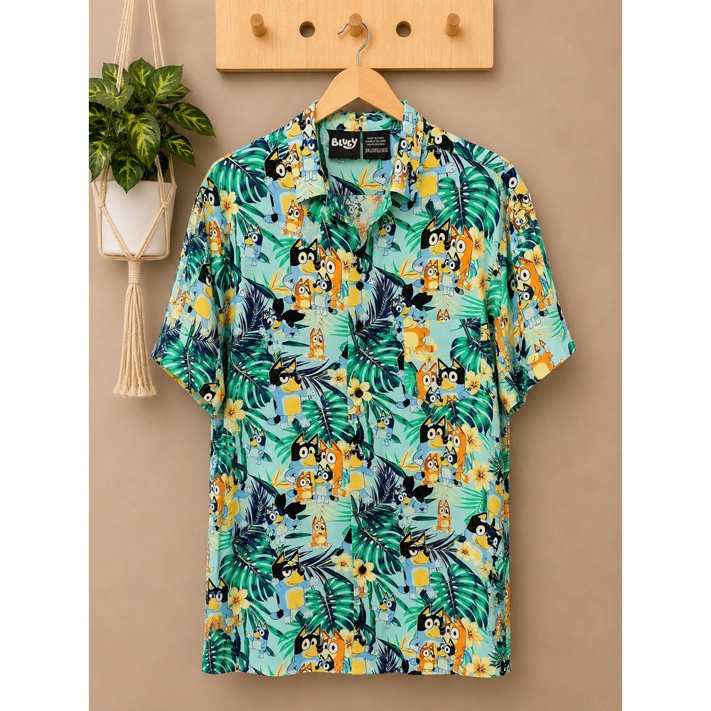 Bluey Mens Tropical Hawaiian Shirt Heeler Family Rayon Button Down Teal 3XL